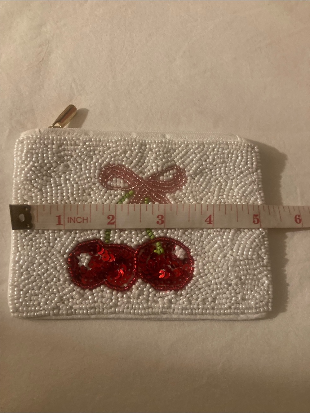 Beaded Cherry Coin Purse - Seed Bead Pair of Cherries with Pink Bow - Picture 3 of 10